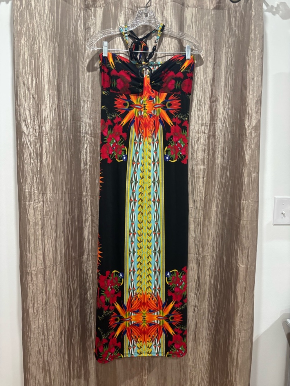 Shoreline Black Maxi Dress with Vibrant Red and Orange Tropical Print Sz L/xl